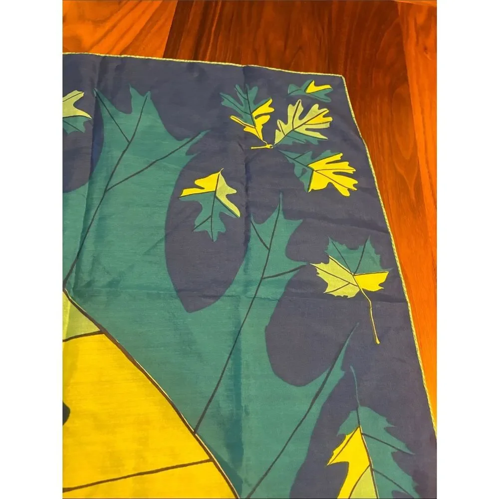 Vintage Vera Leaf Print Silk Scarf in Blue, Teal & Yellow